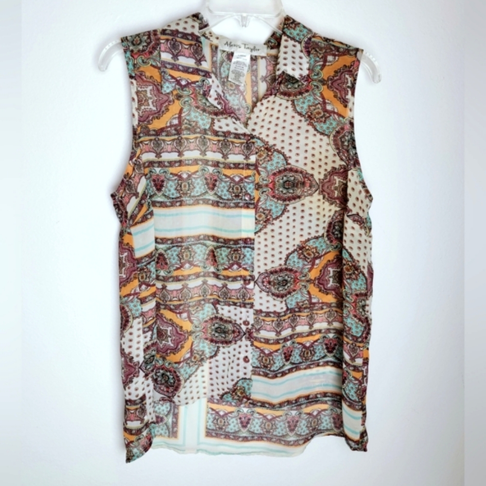 Alexis Taylor Sheer Paisley Scarf Print Sleeveless Button Down Blouse, Sz L